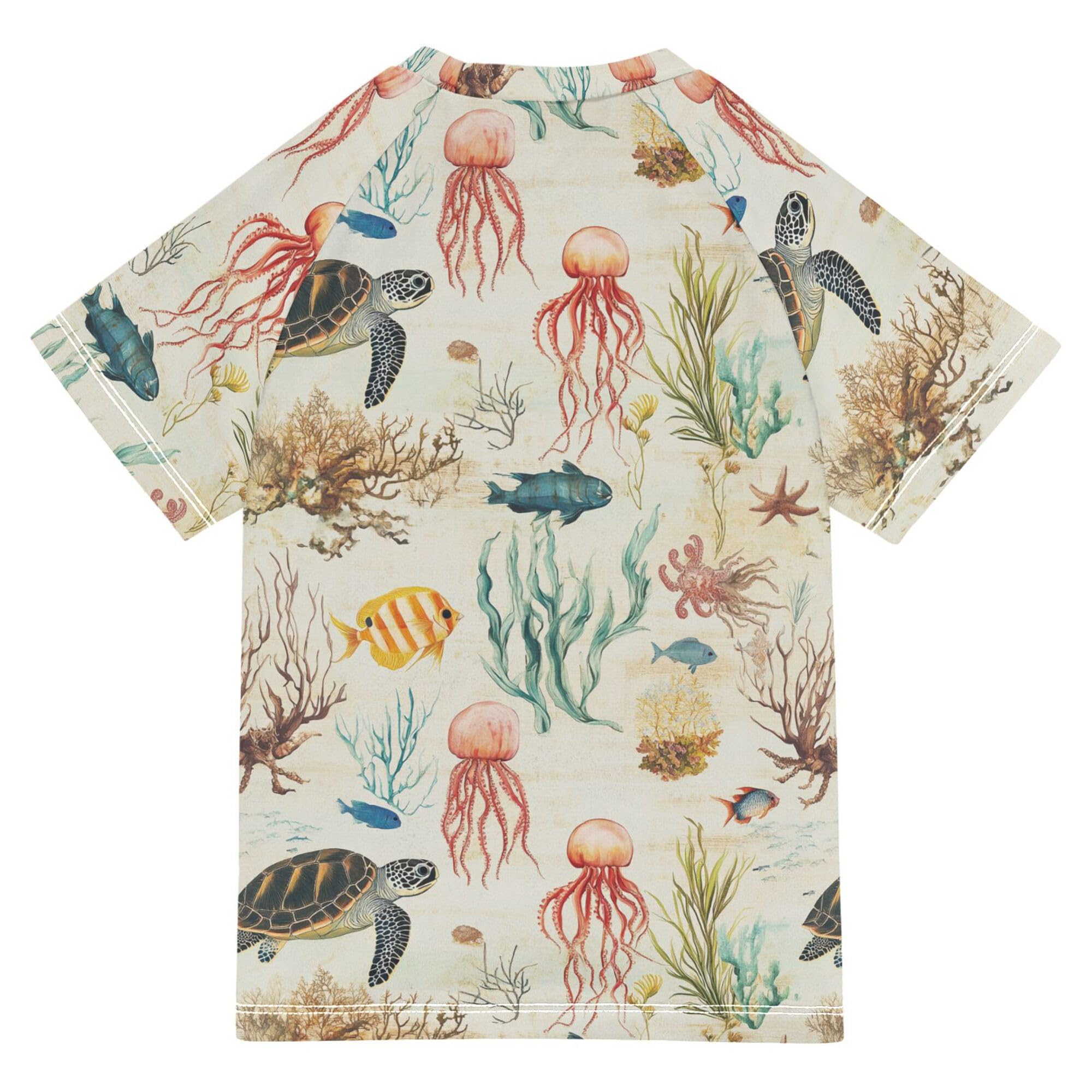 Cartoon Sea Turtle Jellyfishes Bathing Suit Kids Sun Protection Girl Rash Guard Swimwears Active Tees for Little Boys 4T