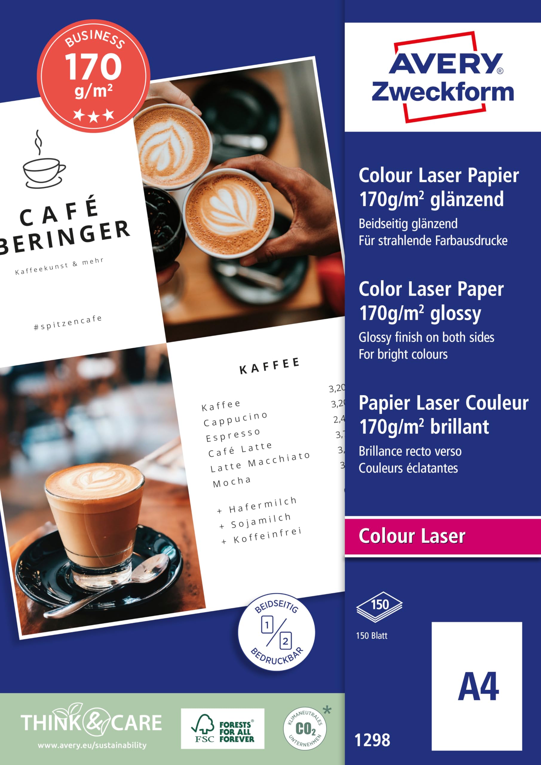 Avery Zweckform Art. 1298 Business Colour Laser Papier (150 Blatt, 170 g/m², DIN A4, glänzendes Druckerpapier, beidseitig beschichtet, wischfest, Flyerpapier für Laser-Drucker & Kopierer) weiß