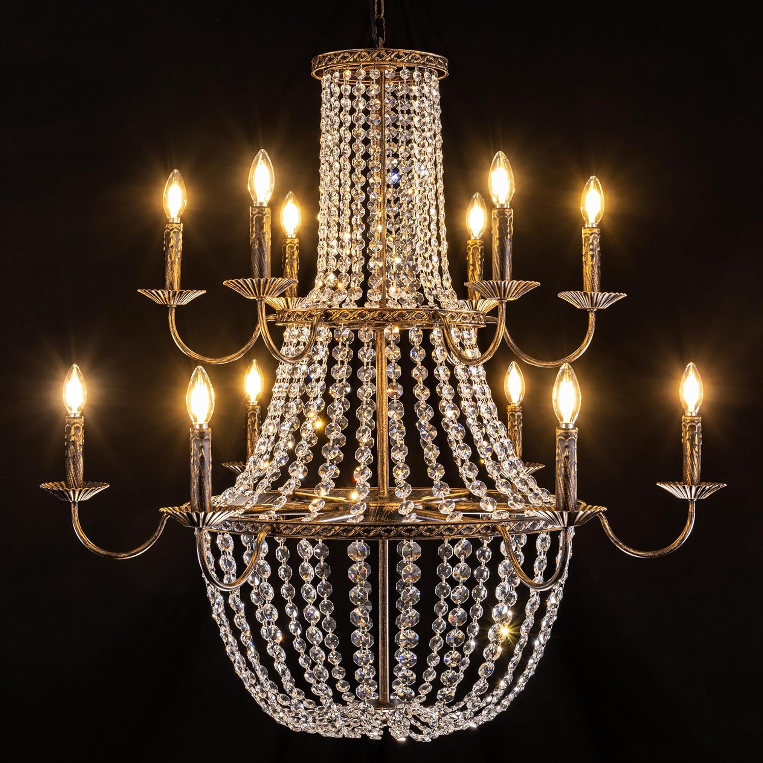 TOCHIC 40'' Long Large Crystal Chandeliers for High Ceilings, 2-Tier Modern Farmhouse Empire Staircase Chandelier 12 Lights Vintage Foyer Chandelier Luxury Crystal Light Fixture for Entryway Hallway