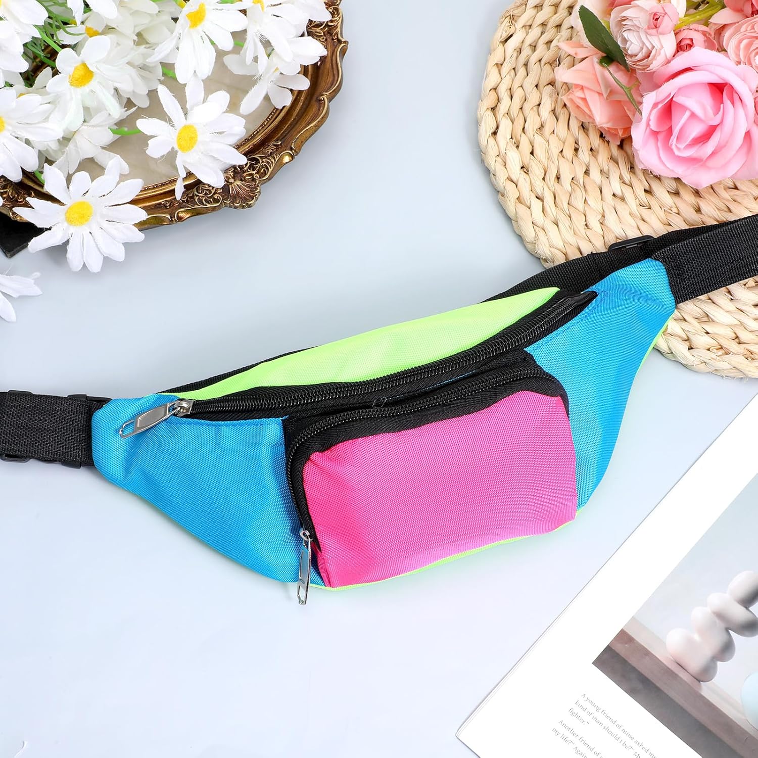 Neon Fanny Pack 80s with 2 Pockets Adjustable Rave Fanny Pack Waist Bag for Women Men, Color Blocked Belt Bag for Festival Travel Party Costume - Image 2