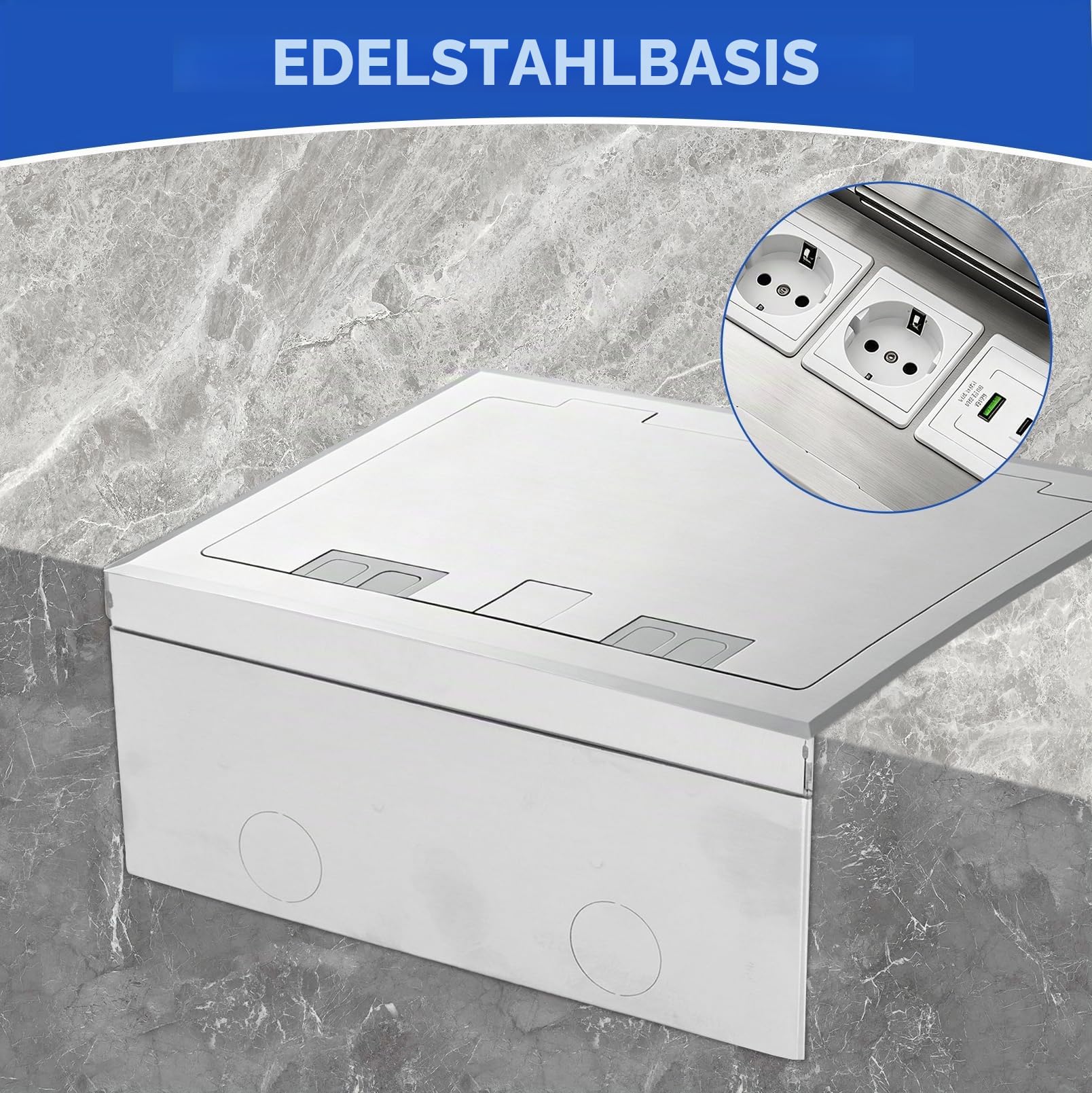 Bodeneinbau Steckdosenkasten, 16A 4000W Edelstahl-Bodensteckdose Set | AC250V Einbausteckdose Versenkbar mit 2 AC Steckdosen & 1 USB-A & 1 USB-C, für Büroräume, Hotels, Schulen