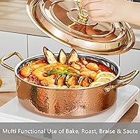 Vista 7 de YJX Olla martillada de 6.7 cuartos de galón con tapa, oro rosa cobre, acero inoxidable de tres capas, utensilios de cocina multifuncionales