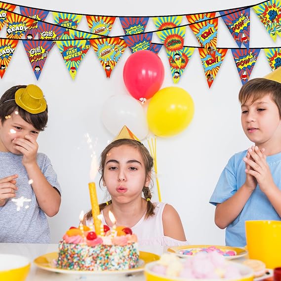 Hero Party Banners Decoration 2pcs/set, Superhero Happy Birthday Banner for Home Living Room Window Wall Decorations, Ceiling Hanging Pennant Flags Garland Decor for Kids Boys Girls(Cartoon Hero)