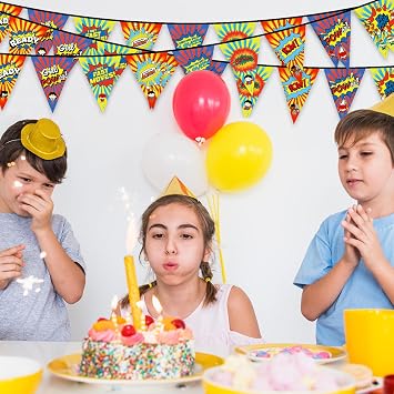 Hero Party Banners Decoration 2pcs/set, Superhero Happy Birthday Banner for Home Living Room Window Wall Decorations, Ceiling Hanging Pennant Flags Garland Decor for Kids Boys Girls(Cartoon Hero)
