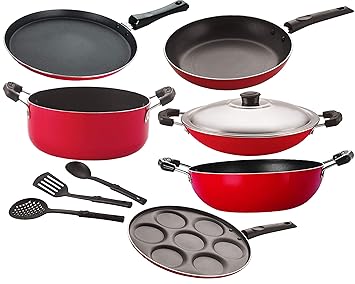 Nirlon Non-Stick Kitchen Essential cookware Set with Bakelite Handle-9 Pieces [26_FT13_KD13_CH_UP_Cass20_TP24_3SPN]