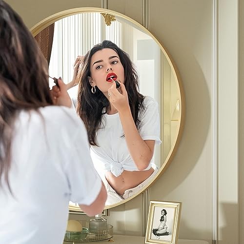 Miniatura 4 de Espejo redondo dorado para pared, espejo de baño circular de 24 pulgadas, espejo de pared de baño redondo con textura acanalada, espejo de pared
