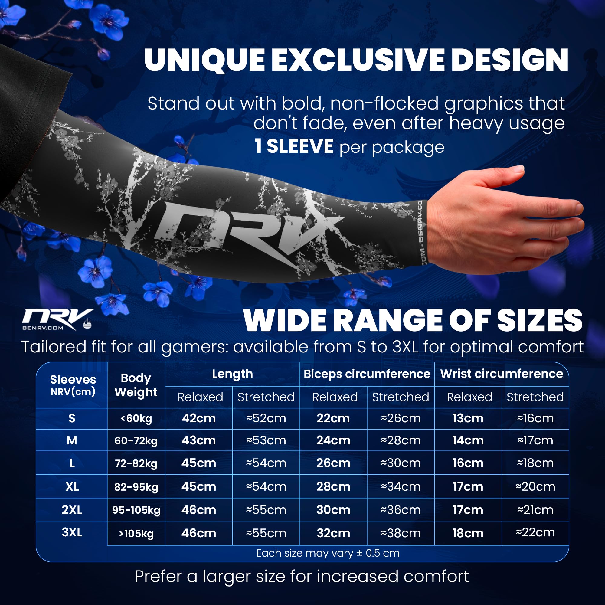 Brazalete Gaming eSport Dark Sakura Compresión Anti-Fricción Negro Violeta Talla S a 3XL