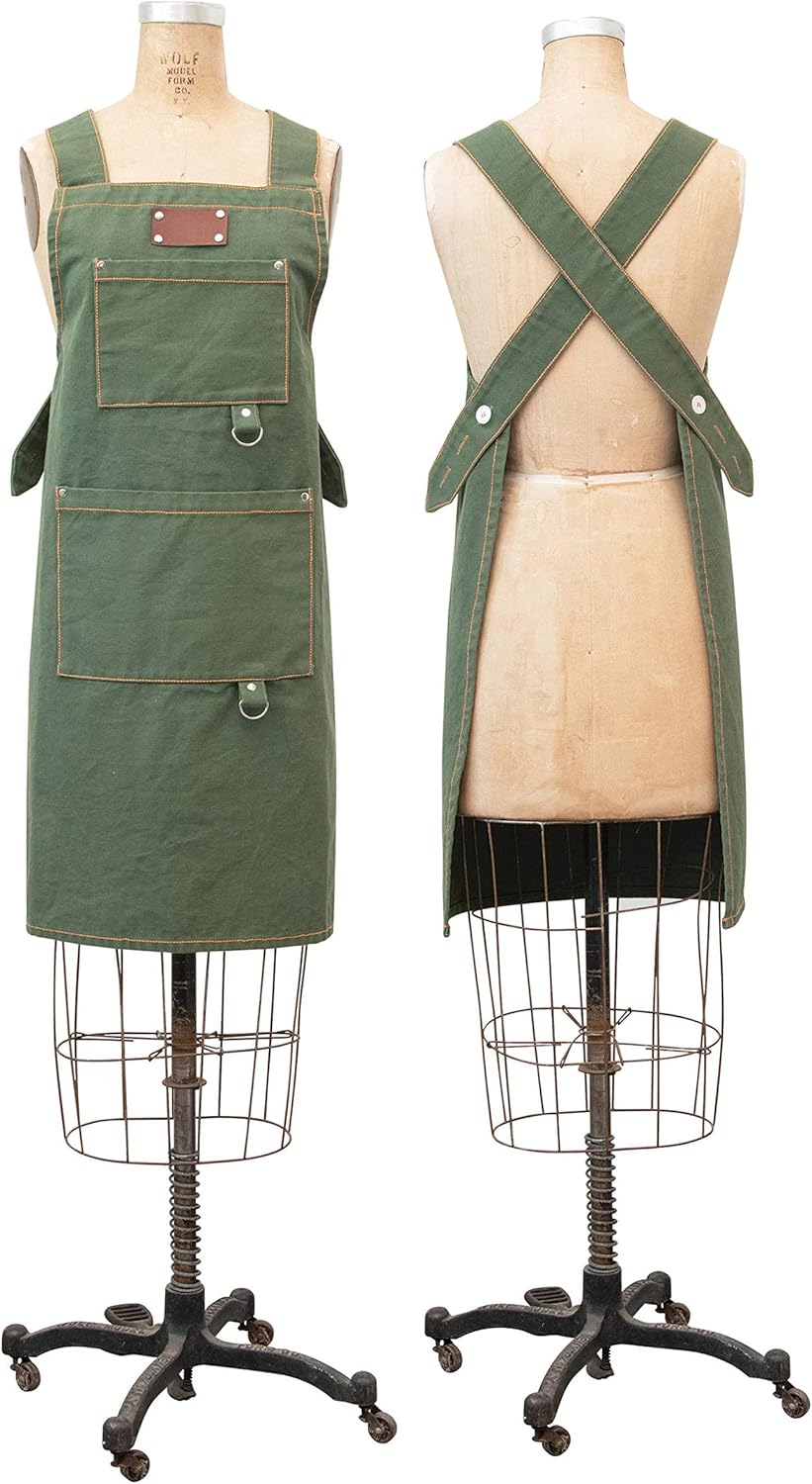 CreativeCo-Op Cotton Canvas Cross Back Apron with Pockets & Rivets, Green - Comfortable Kitchen Essential