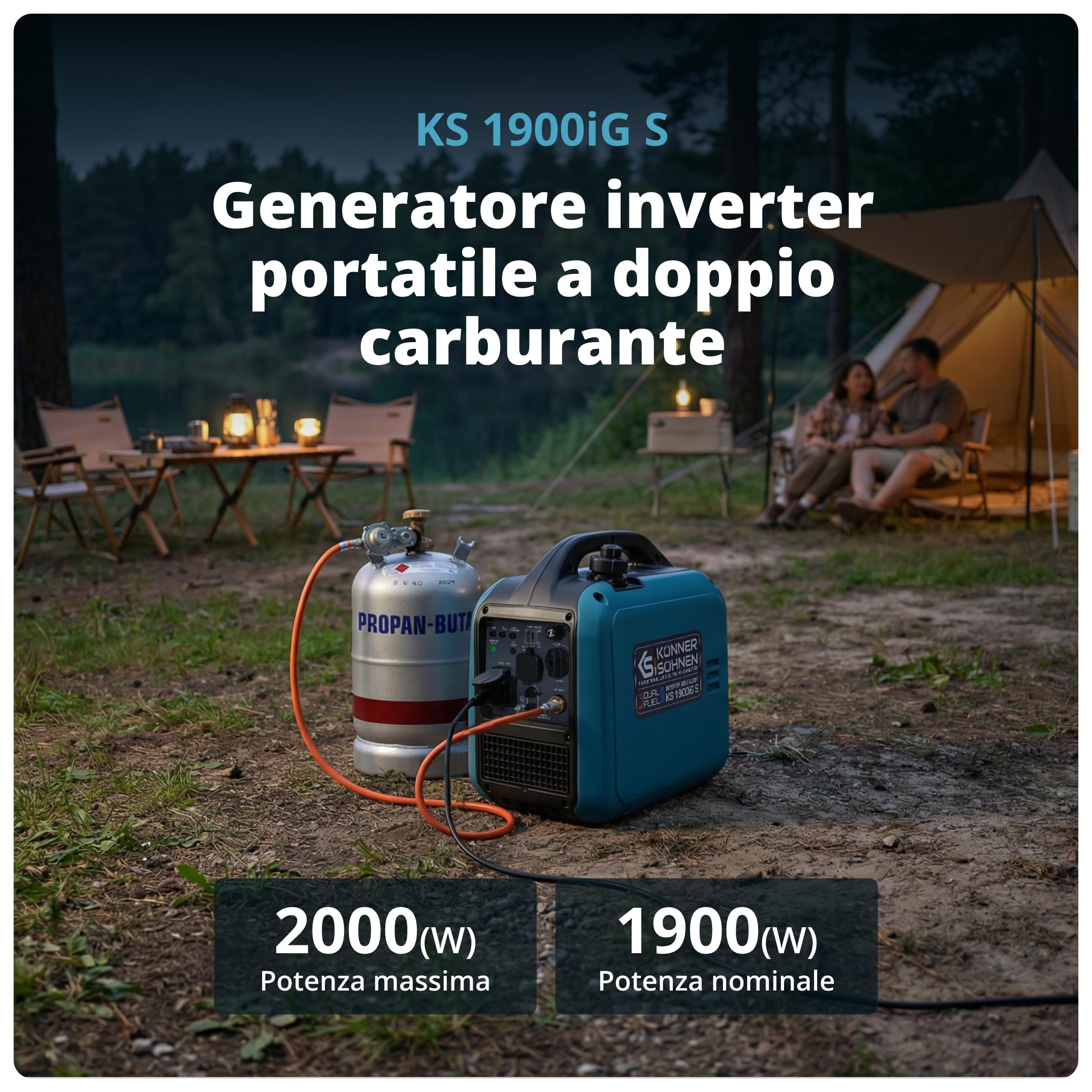 Könner & Söhnen KS 1900iG S Generatore inverter GPL 2,0 kW, Dual Fuel, generatore di corrente inverter Eco-Mode, generatore di corrente di emergenza per uso esterno, generatore a benzina, 230 V/16 A