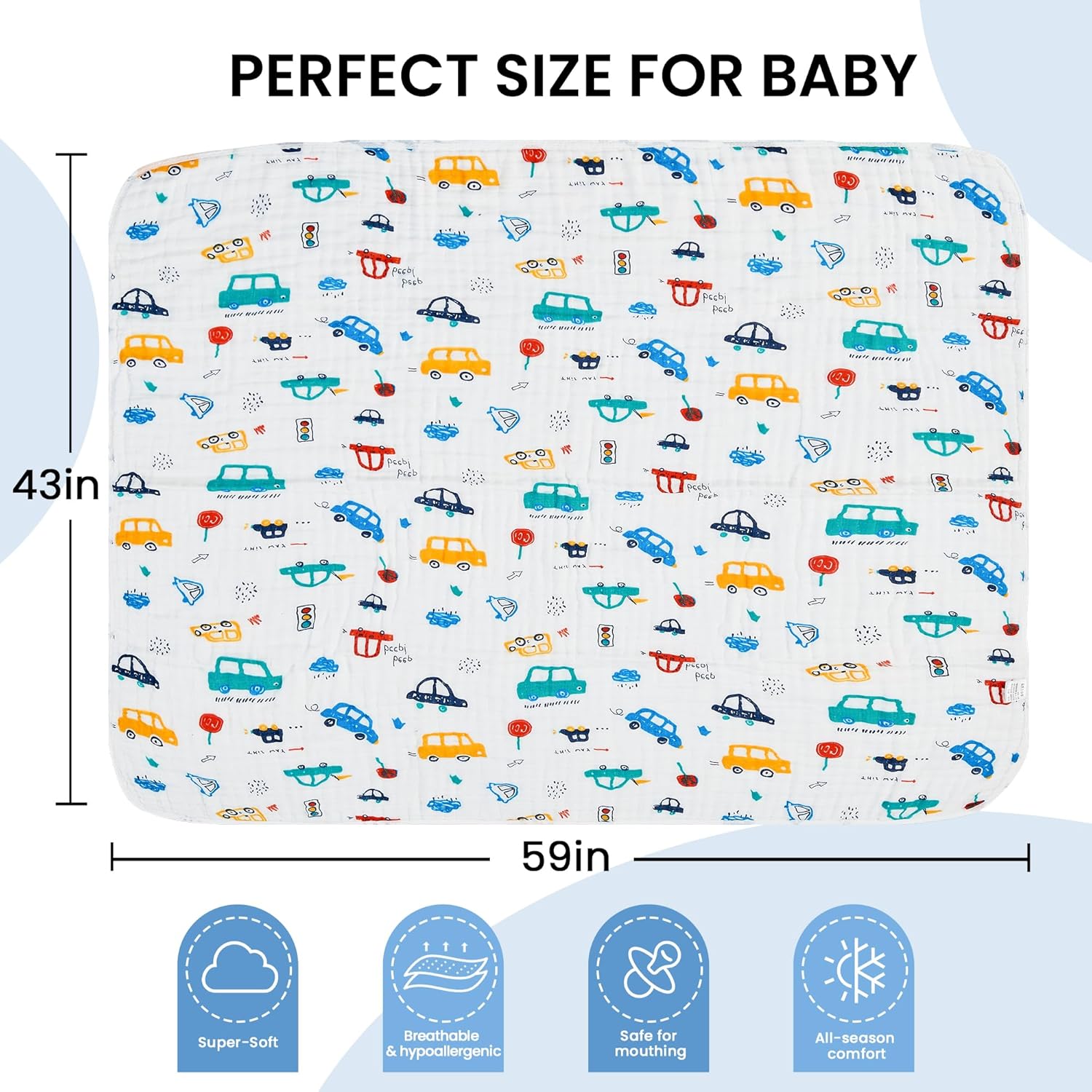 Luxury Muslin Baby Blanket, Cozy Swaddle, 6-Layer Cotton Receiving Blanket for Newborn Infant, 59x43 Inch Lightweight Breathable Crib Blanket, Nursery Stroller Toddler Quilt, Car Family - Image 5