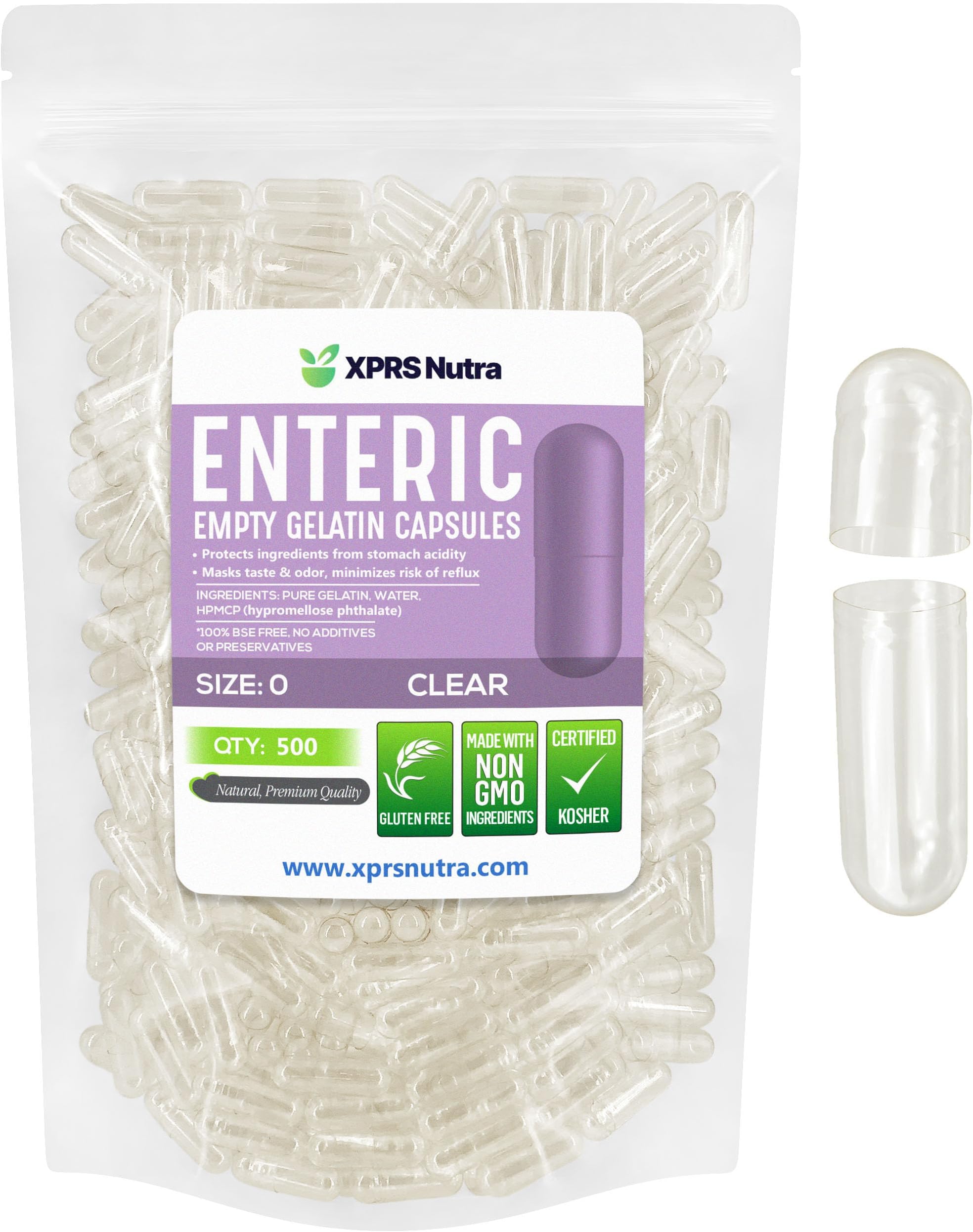 XPRS Nutra Size 0 Empty Capsules - 500 Count Clear Enteric Coated Gelatin Capsules - Delayed Release Pills - DIY Capsule Filling - Pure Bovine Enteric Gel Caps