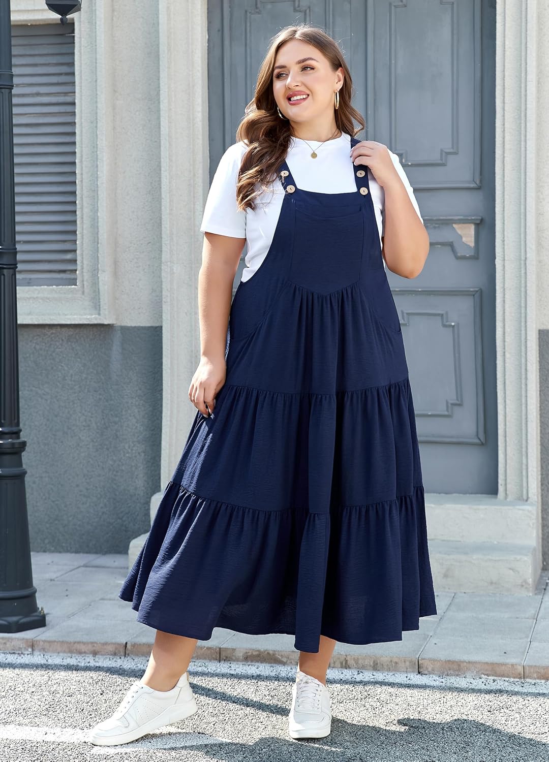 Moon Wood Plus Size Overall Dress for Women Jumper Dress with Pockets Summer Casual Adjustable Straps Tiered Maxi Dress - Image 3