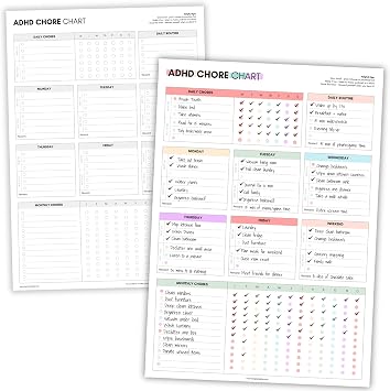 ADHD Chore Chart for Adults & Teens | Double-Sided 11"x17" Cleaning & Task Tracker | Daily Weekly Monthly Planner with Reward Space | Colorful & Black and White Designs | Habit & Productivity Chart