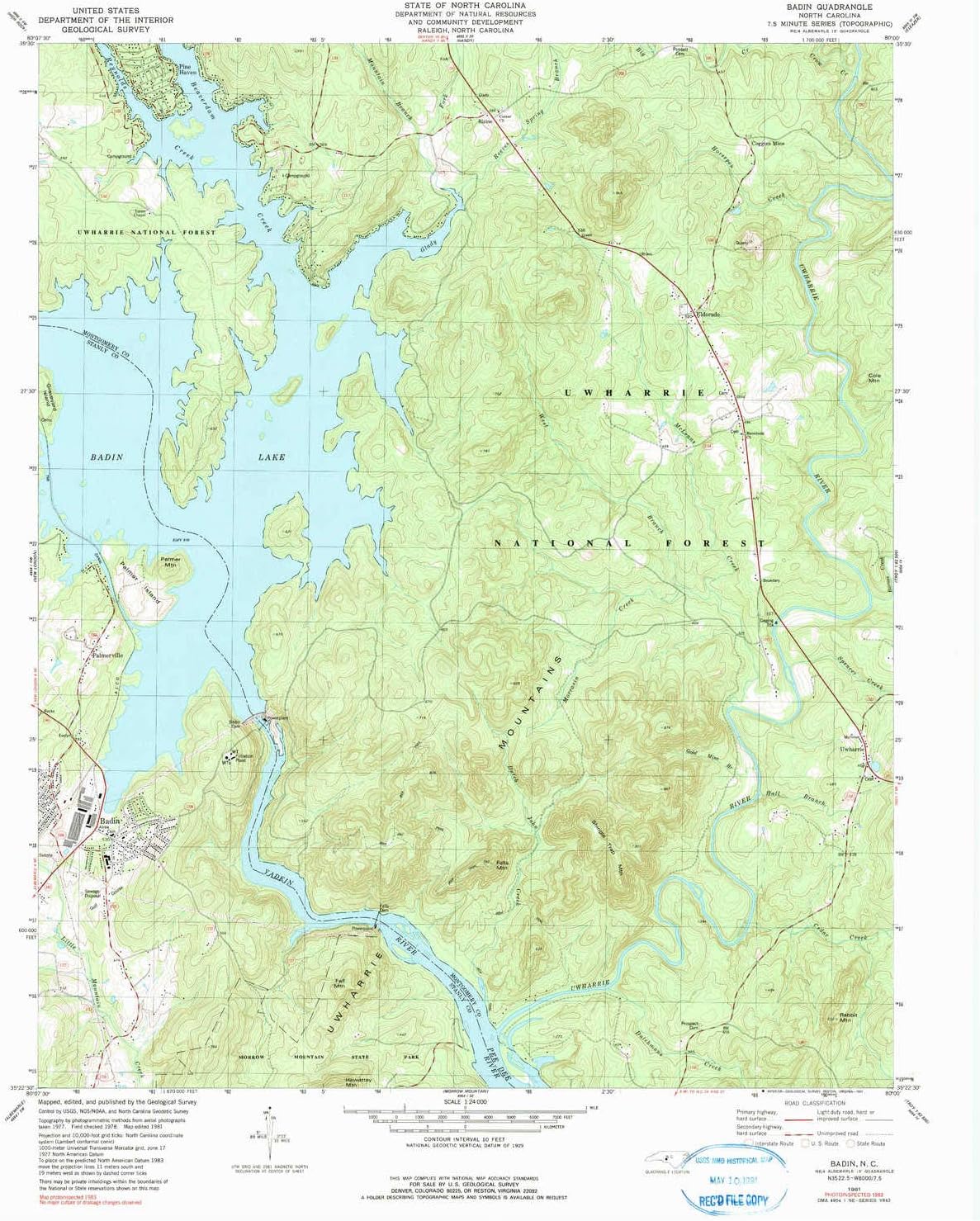 Badin NC topo map, 1:24000 Scale, 7.5 X 7.5 Minute, Historical, 1981, Updated 1991, 26.9 x 21.9 in