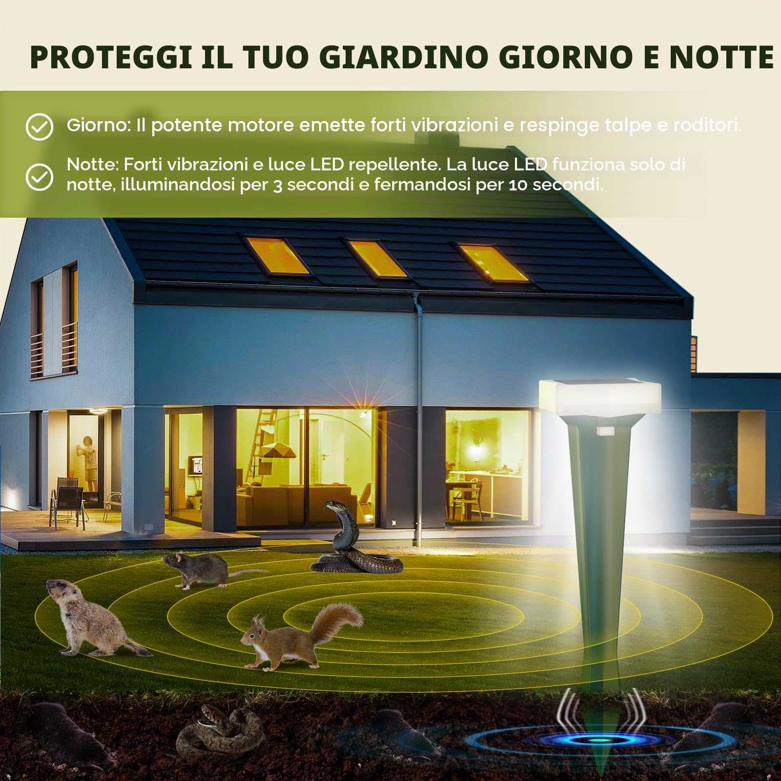 Dissuasori per Talpe, 3 Modalità di Vibrazione Scaccia Talpe con Luce LED, Solare e Impermeabile Dissuasori per Scoiattolo, Ratti e Serpenti, per Prati, Cortili e Giardini (4, Verde)