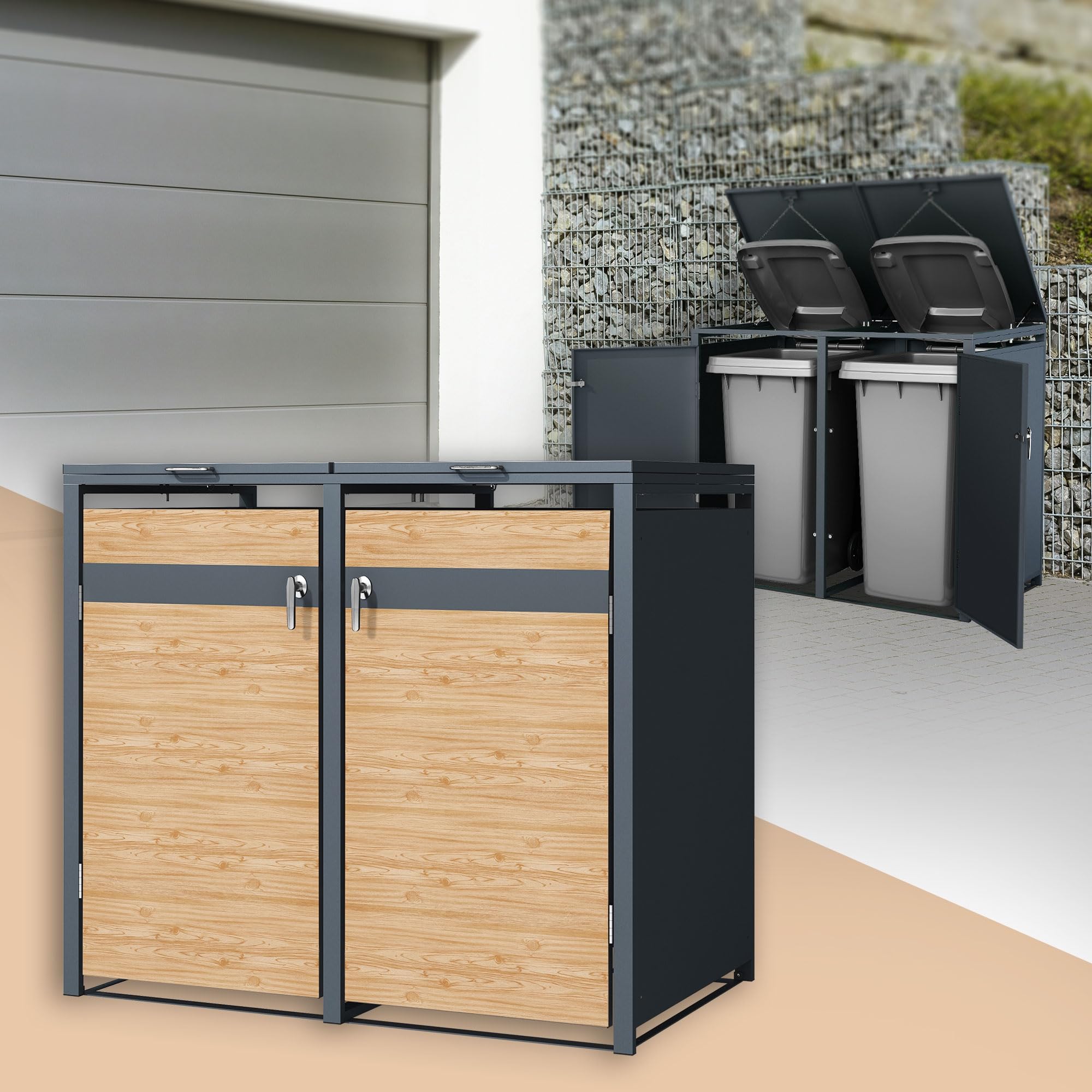 ML-Design Box pour 2 Poubelles, jusqu'à 240L,132x80x116,3 cm, en Acier, Anthracite/Aspect Mélèze, Résistant aux Intempéries, Habillage de Poubelle, Couvercle Rabattable/2 Portes, Conteneur Abri Hangar