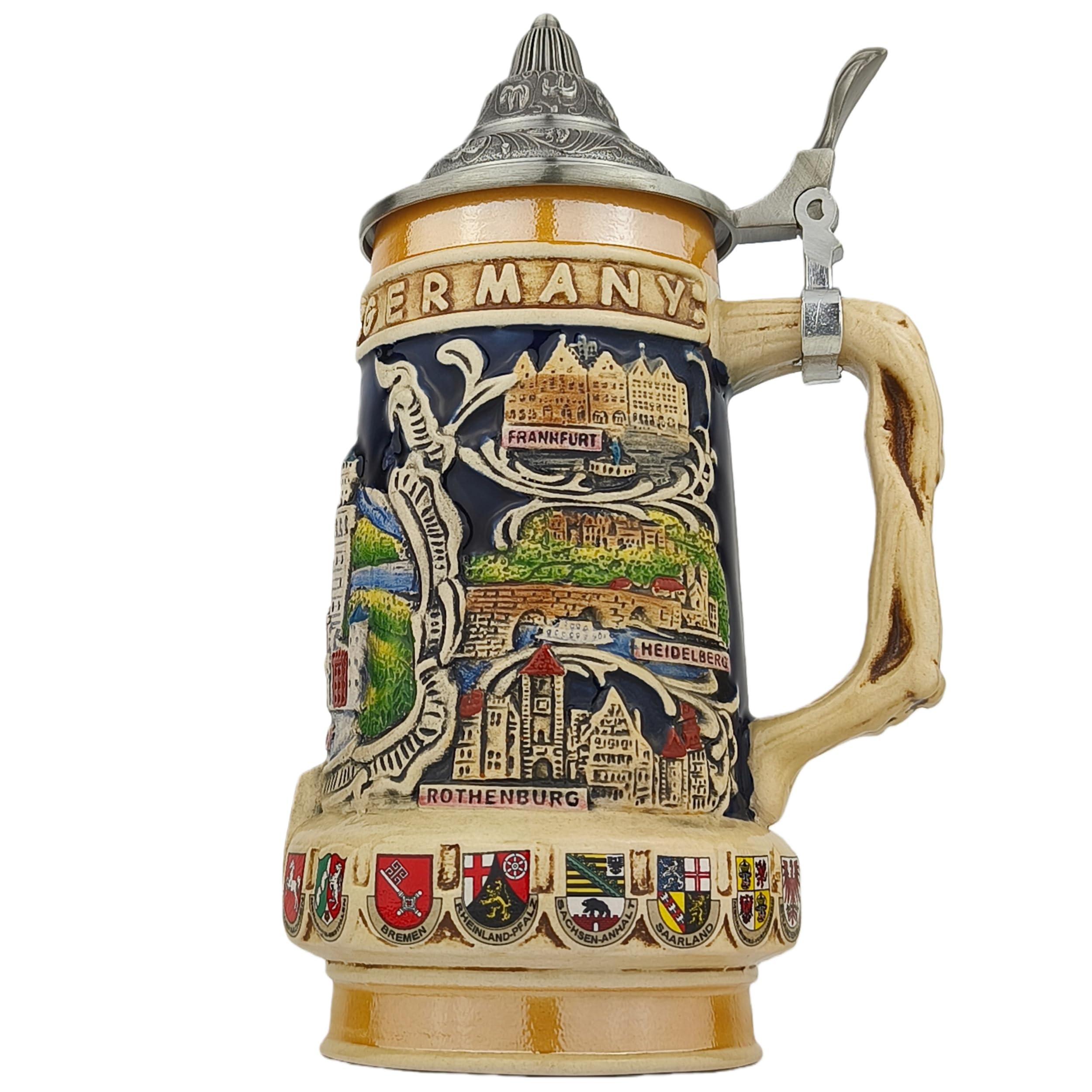 Jarra de cerveza alemana con tapa, 0,7 l, jarra de piedra tradicional con diseño de Neuschwanstein, cuerda de cerveza hecha a mano para fiesta, hogar y colección, regalo para hombres, padres