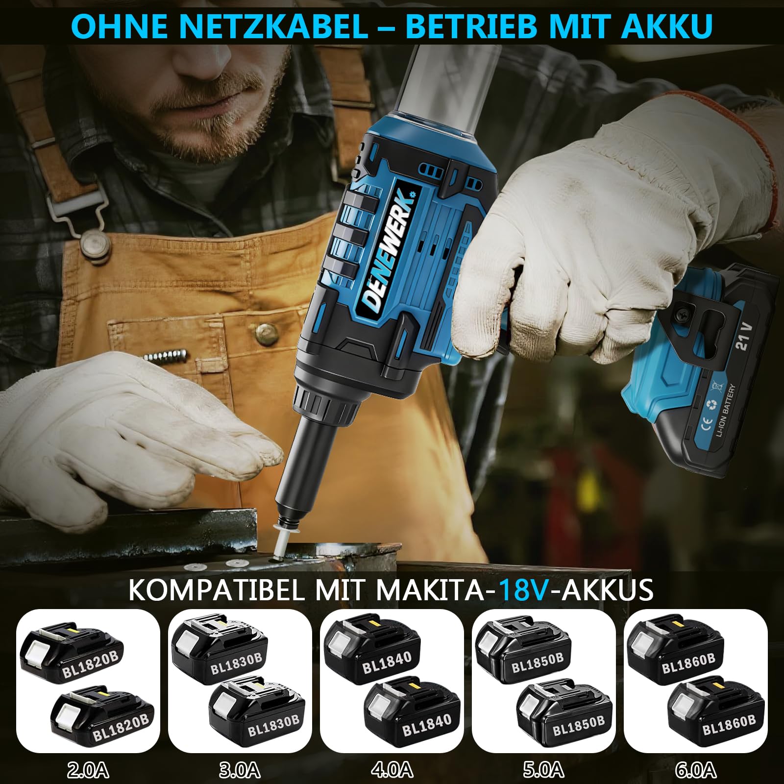 Akku Nietzange Set, Nietpistole Bürstenlose Kompatibel mit Makita 18V Akku | Elektrische Popnietenzange Akku für 2.4-4.8mm Stahl-Blindnieten & 2.4-6mm Aluminium-Blindnieten, 25mm Hublänge (ohne Akku)