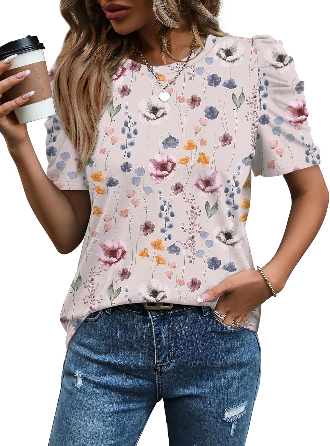 WIHOLL Summer Tops for Women Puff Sleeve Crewneck T Shirts Dressy Casual Blouses Spring Outfits Fashion Clothes - Image 2