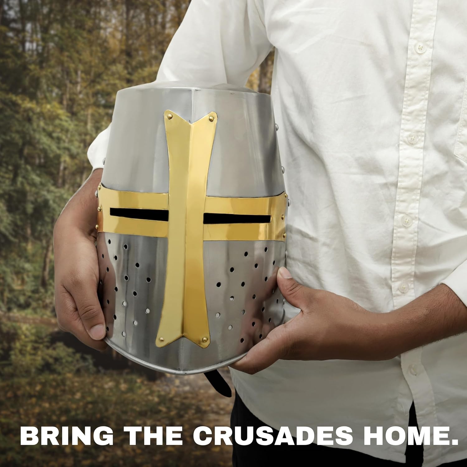 Brass and Steel Crusader Helmet | Medieval Metal Knight Helmets | Full-Size Knight Armor Replica with Cross Detail – LARP, Costume, and Display | Halloween Decor Gift | Medieval Costumes