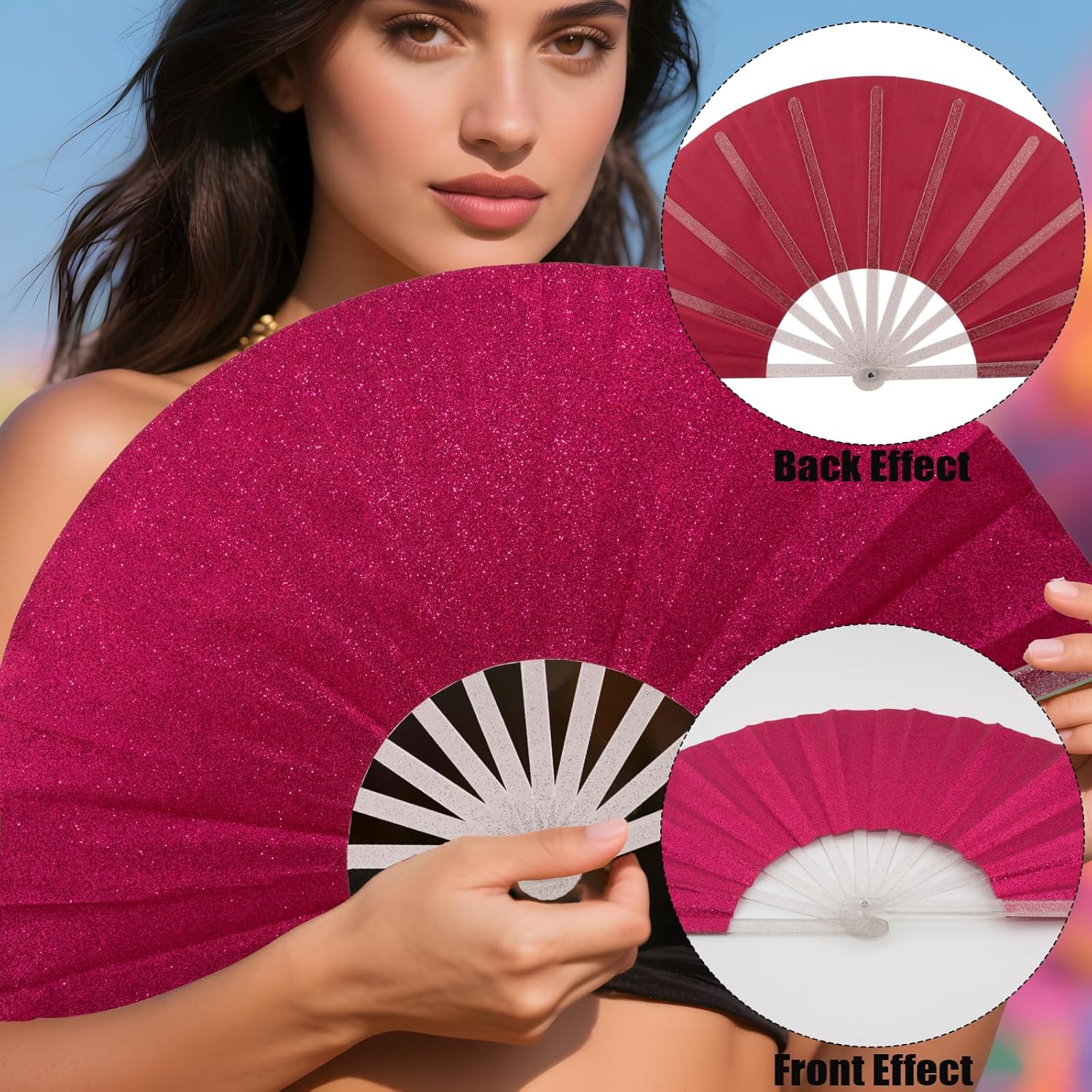 10PCS Large Handheld Rave Folding Fan for men/women,Foldable Decorative Fans,rave accessories,Used for Dance,Parties,Wedding,Music Festival, Decorations (Glitter Deep Pink)