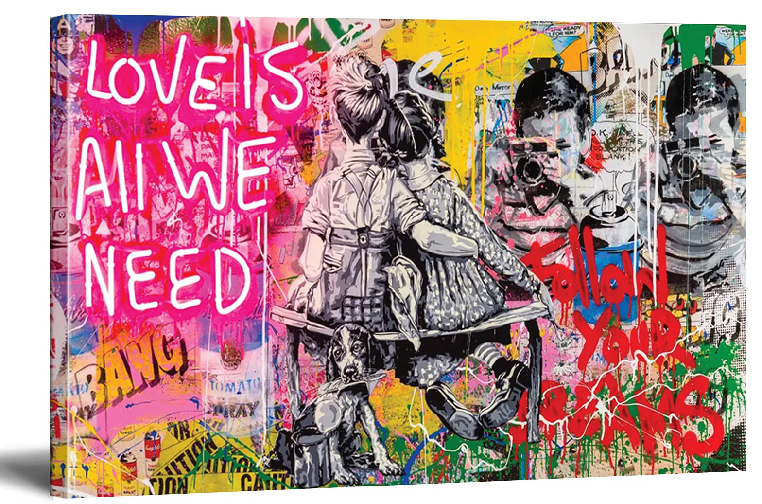 MJEDC Banksy Love is All We Need Graffiti Street Art Canvas Picture Ready on Stretcher Frame Art Prints Living Room Wall Decoration XXL (80 x 140 cm)