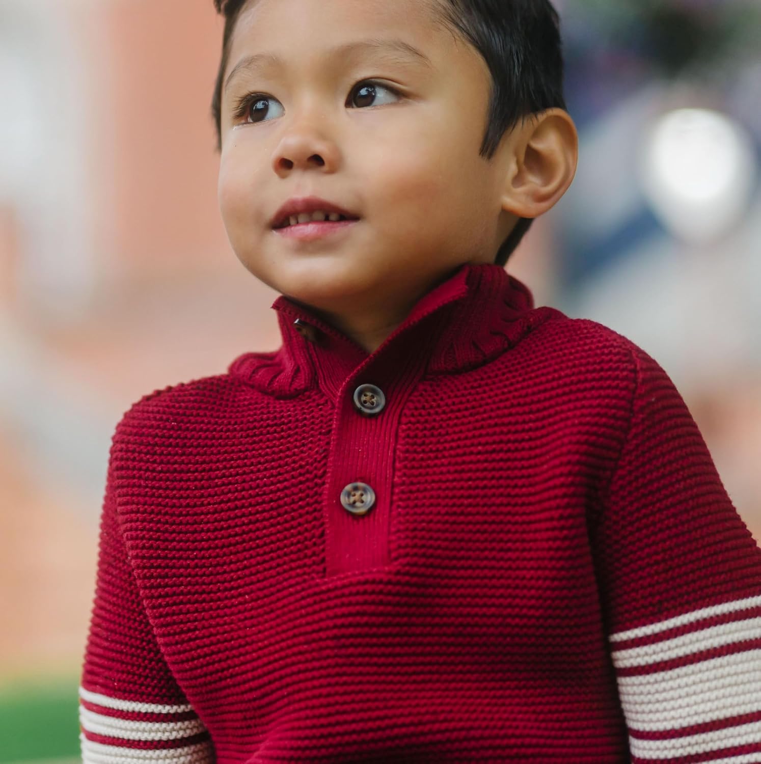 Hope & Henry Boy Baby Boys' Long Sleeve Mock Neck Raglan Sweater with Kanga Pocket, 12-18 Months, Dark Red with Sleeve Stripes