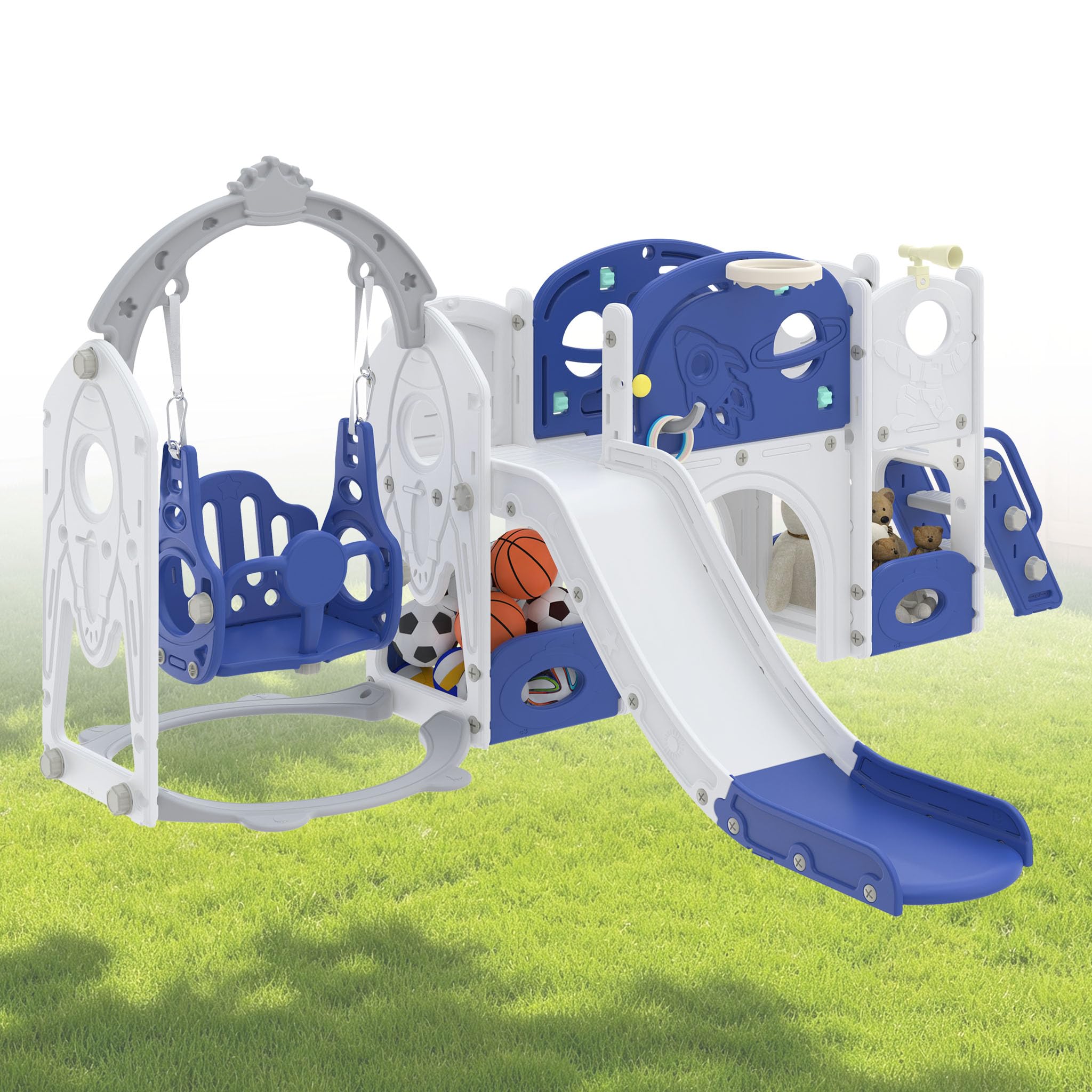 Aufun 7-in-1 Kinderrutsche für Kleinkinder, Multifunktionales Spielset mit Schaukel, Rutsche, Basketballkorb, Tunnel, Stauraum, Kletterleiter, Werkzeugfreie Montage Freistehenderutsche Spielzeug
