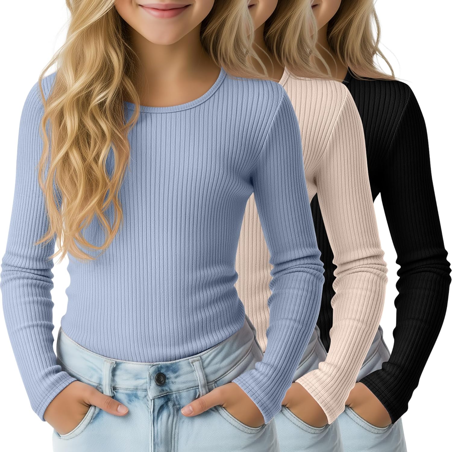 3 Pack Girls Long Sleeve Shirts Cotton Ribbed Tops Crewneck Layering Slim Fit Uniform Undershirts Teen Basic Tees