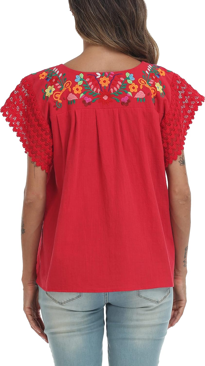 YZXDORWJ Women's Embroidered Mexican Peasant Blouse Mexico Summer Shirt Short Sleeve