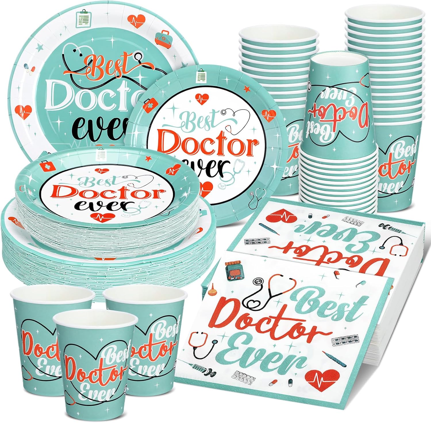 Teenyyou 200 Pcs Thank You Doctor Party Supplies Doctor Appreciation Week Decoration Kit National Tableware Serve 50 Guest Disposable Dinnerware for Nurse Party Supplies