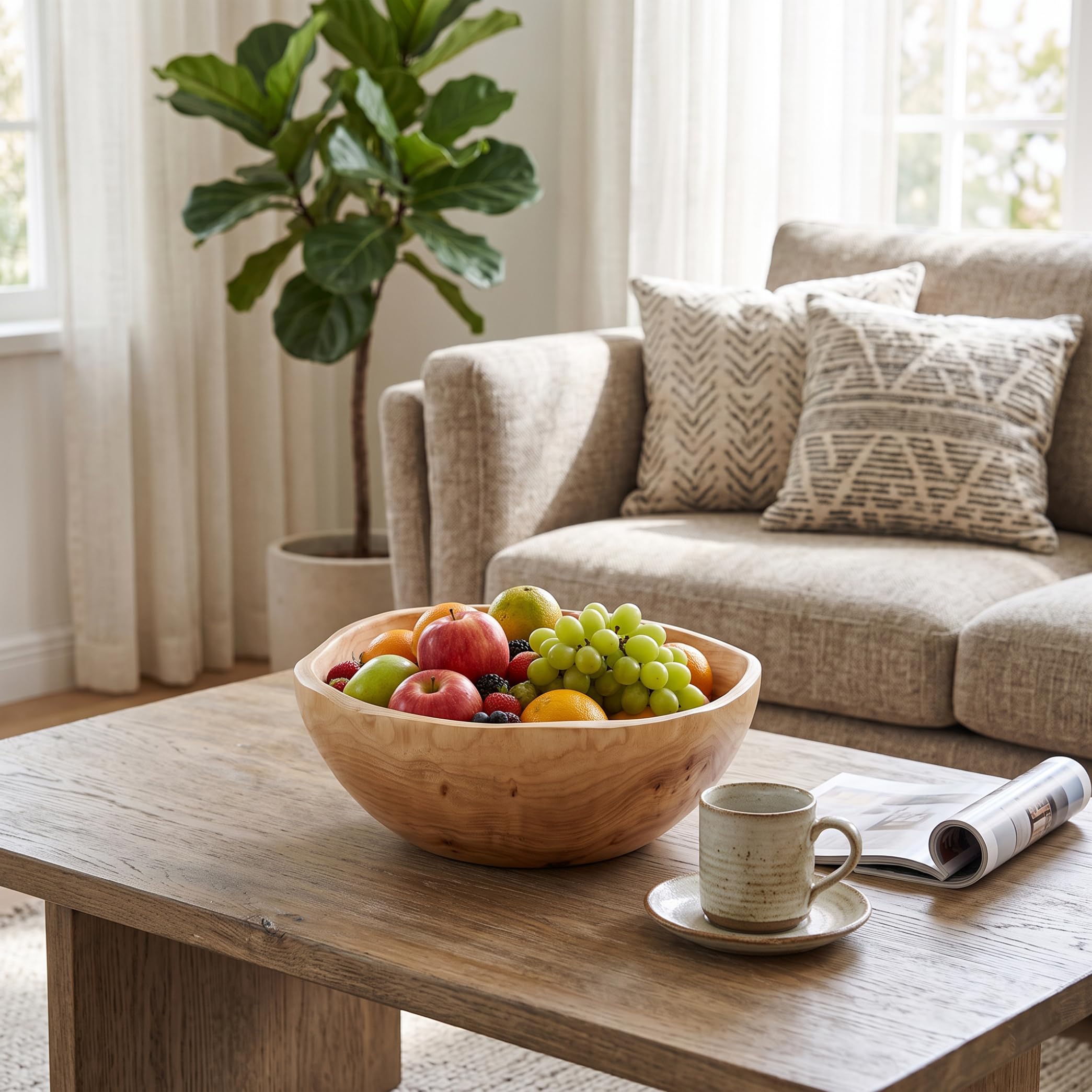 Bol en bois avec bol décoratif à revêtement de grain naturel, 10-11 pouces | Lisse sans bord, construction robuste, lavage facile, convient aux fruits, salades, bijoux, clés.