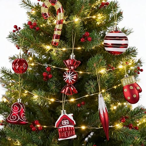 Miniatura 5 de Adornos de Navidad, juego de 16 adornos de Navidad rojos y blancos con cuerdas para colgar, ideal para decoraciones de árbol de Navidad y detalles