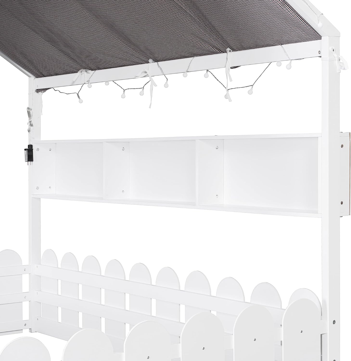 Merax Montessori House Bed, Floor Bed with Fence Railings, Tent, Lights & 3 Storage Shelves, Slats are not Included, Full Size, White