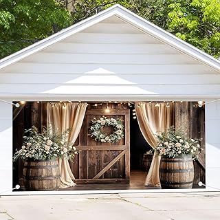 16X7FT Wooden Wedding Garage Door Decorations Vintage Country Floral Barn Door Anniversary Garage Door Cover Western Rustic Plank Birthday Party Outdoor Garage Party Decor