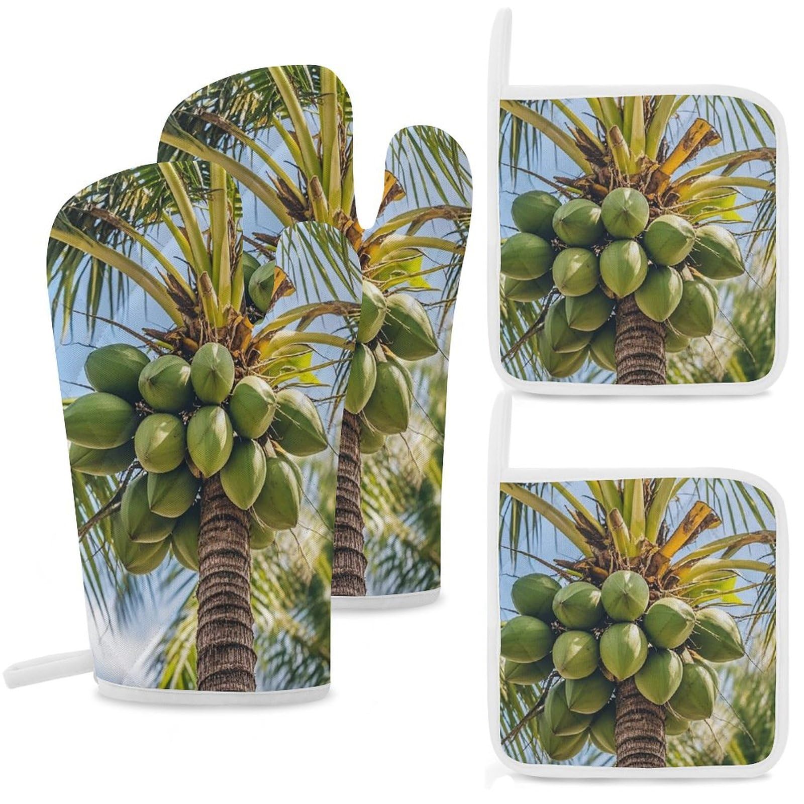Gants de cuisine et maniques (lot de 4) anti-chaleur à motif cocotier pour four et cuisson