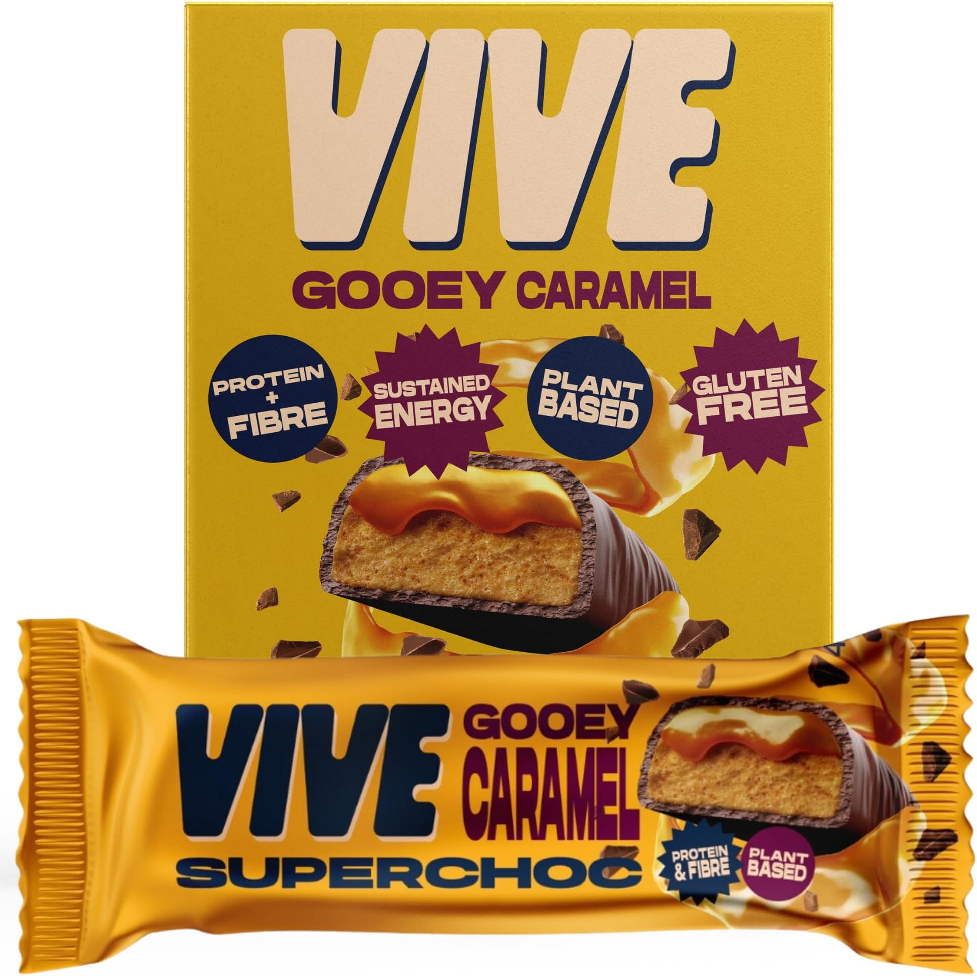 – Vive Superchoc Low Sugar High Fibre Gooey Caramel Chocolate Bar - Protein Packed - Vegan Healthy Snack