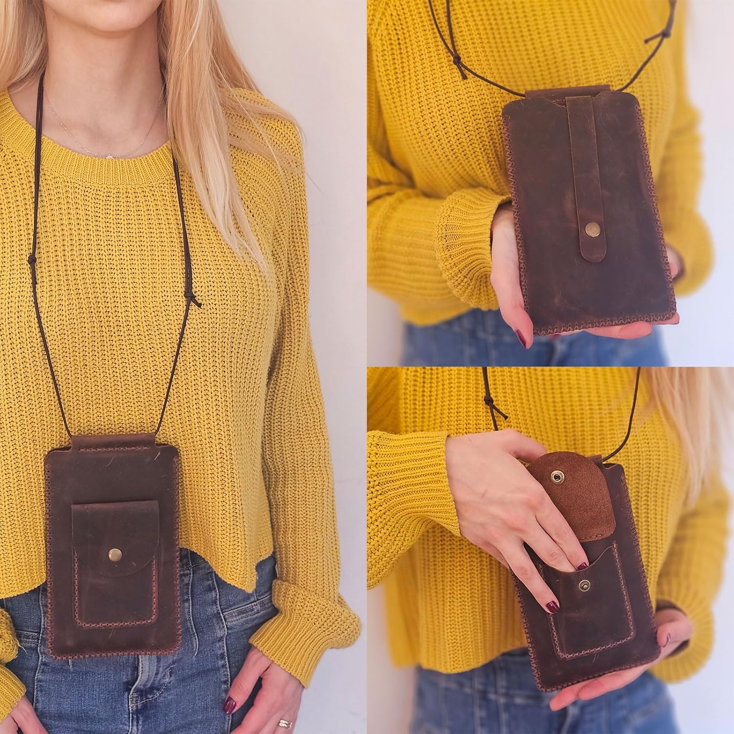 Handmade Brown Leather Phone Case – Slim Leather Phone Cover with Strap, Soft Phone Pouch, Hand-Stitched Phone Holder for iPhone & Android