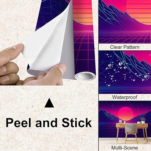 Miniatura 3 de Mural de pared Peel & Stick Synthwave de los años 80, paisaje con cuadrícula azul, montañas, sol, arcade, espacio, papel tapiz autoadhesivo