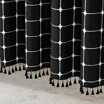MitoVilla No Hooks Needed Boho Farmhouse Shower Curtain with Snap-in Liner, Cotton Linen Fabric Shower Curtains with Tassels for Rustic Neutral Bathroom Decor, Black and White, 72 x 74