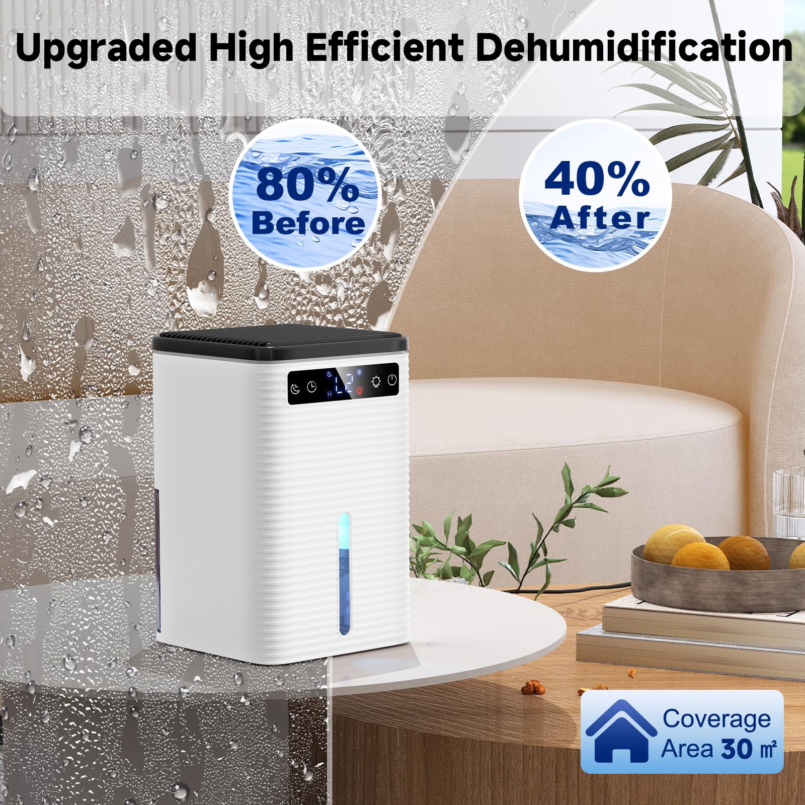 Deumidificatore Casa Muffa 2500ml, Deumidificatore Portatile - Silenzioso 30dB, Spegnimento Automatico, Timer 2-12h, Sbrinamento Smart, 7 Colori LED, per Camera da Letto, Bagno, Armadio (650ml/Giorno)