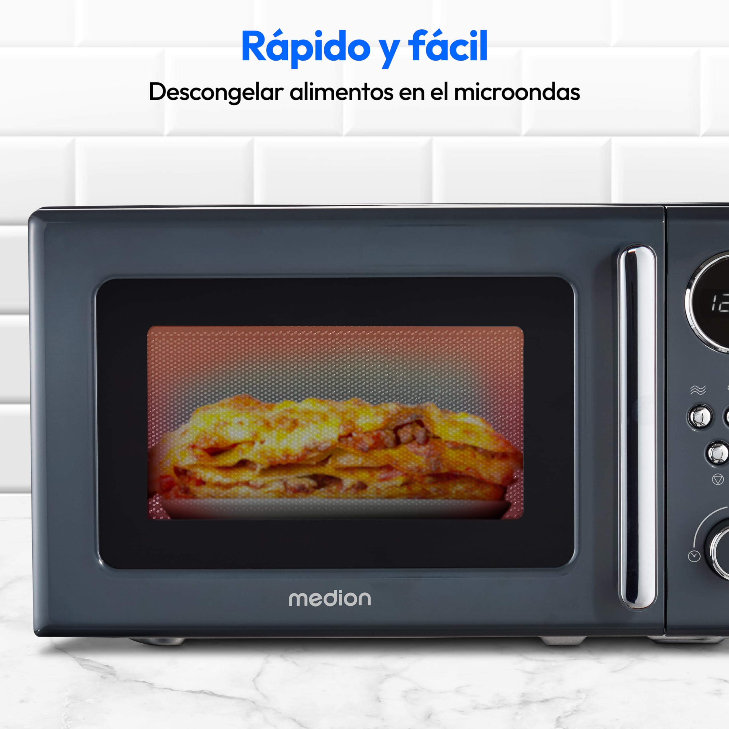 Microondas retro MEDION (20 litros, aprox. 800 vatios, 5 posiciones de microondas, 8 programas automáticos, pantalla digital, función de descongelación, compacto, MD15000) gris