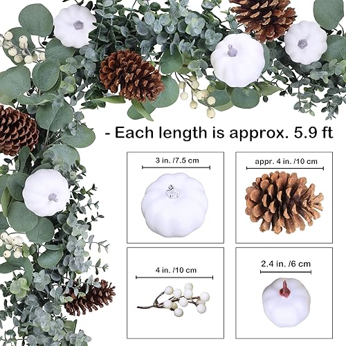 Miniatura 3 de Winlyn Guirnalda de eucalipto artificial de calabaza blanca otoñal con calabazas, piñas y bayas, decoración de otoño, 5.9 pies de largo, telón de