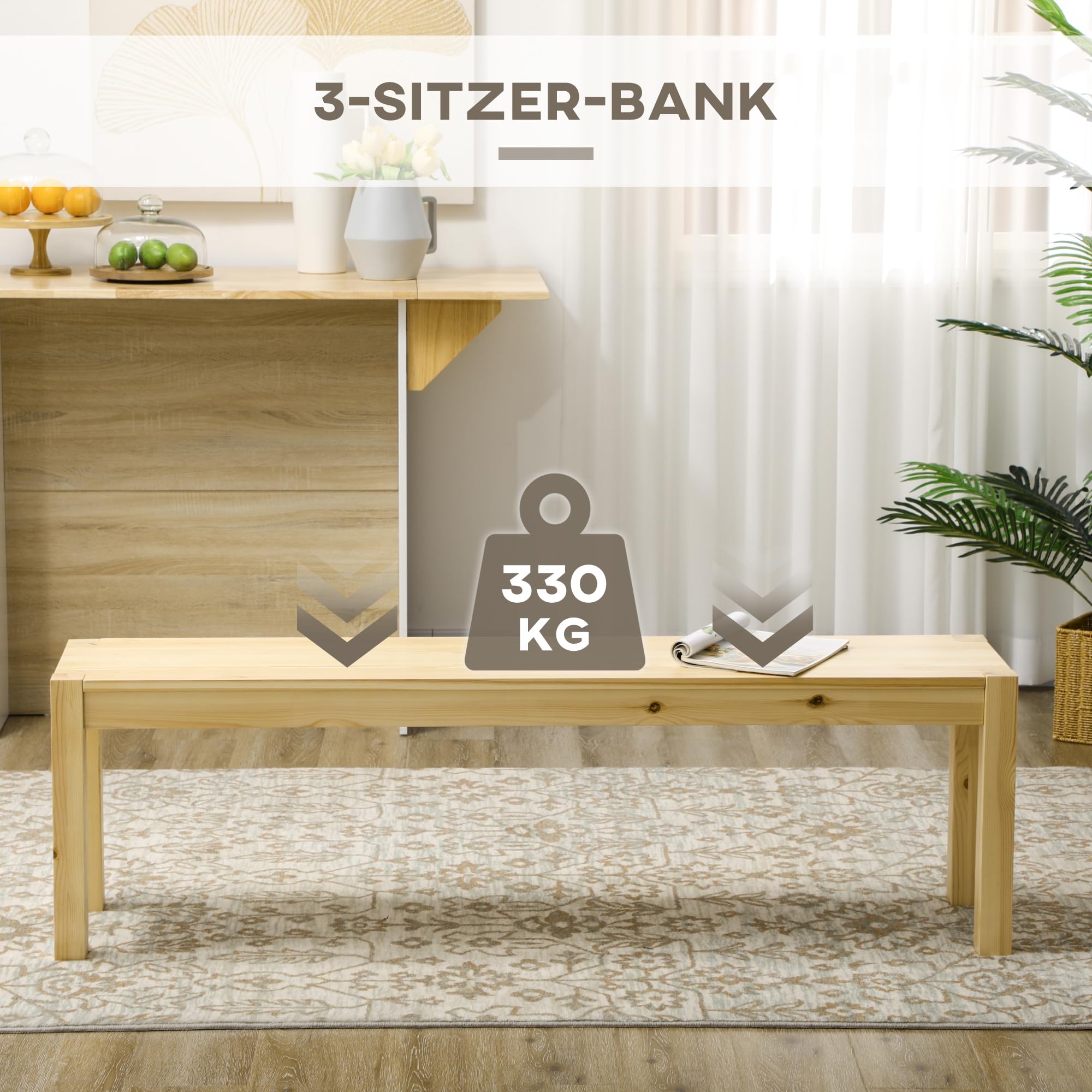 HOMCOM Sitzbank 3-Sitzer Holzbank Küchenbank im Landhaus-Stil, Essbank für Wohnzimmer, Küche, Eingang, Kiefernholz, bis 330 kg belastbar, 150 x 33 x 45 cm, Natur