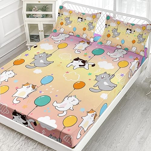 Miniatura 2 de AILONEN Juego de sábanas bajeras de tamaño individual con globos, sábanas coloridas de gatos para mascotas, juegos de sábanas degradadas de gatos de