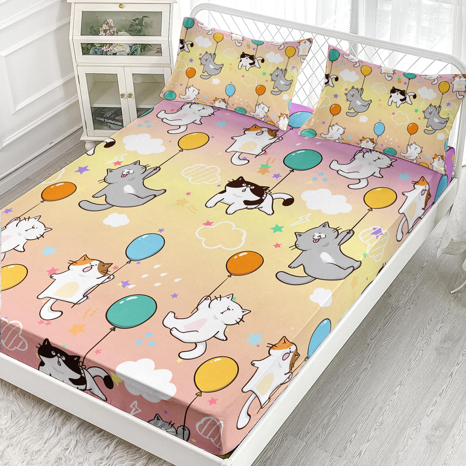 AILONEN Cat Fitted Sheet Twin XL Size, Balloon Cats Bed Sheet Set,Colorful Pet Cats Sheets,Girls Kids Cartoon Cat Gradient Sheet Sets 3 Pieces, 1 Fitted Sheet and 2 Pillowcases