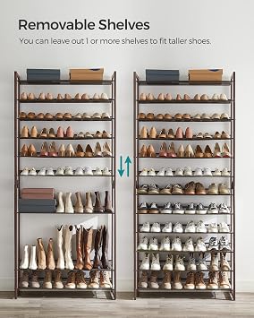 SONGMICS Shoe Rack, 12-Tier Shoe Organizer, Metal Rack for Garage, Set of 2, 6-Tier Stackable Shelf, with Adjustable Flat or Angled Shelves, Holds 48-60 Pairs, Bronze ULMR12A