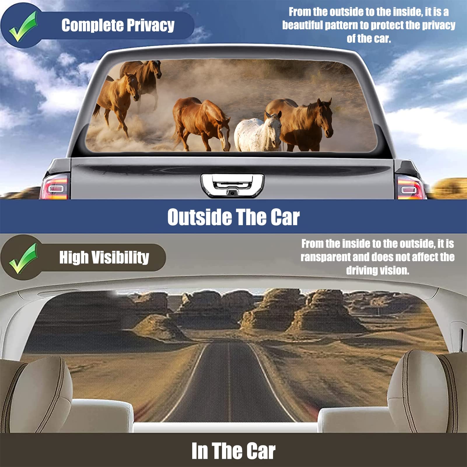 WOKEZ Finestra Posteriore a Cavallo di Destra Truck Decal Truck Finestra Posteriore Decal Wrap Graphic Perforato Vedi Attraverso Universal per camioncini SUV,58x18 inch