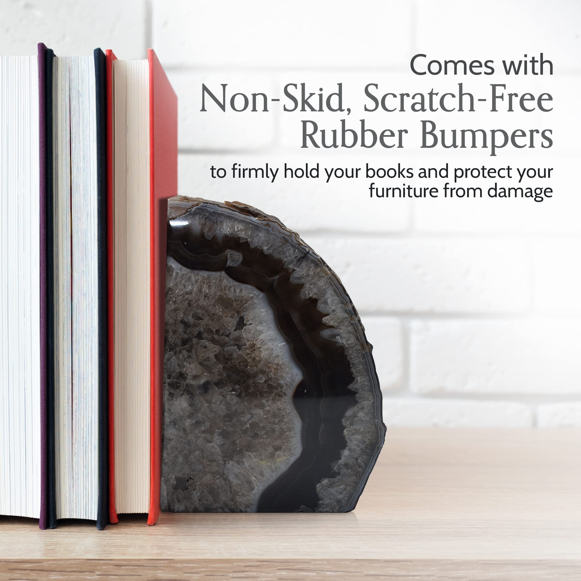 Nature's Decorations Fermalibri in agata nera – Fermalibri in cristallo decorativo resistente di grado A, non tossico, per scaffali e librerie, decorazione per librerie in geode lucido, 1 paio da 0,9