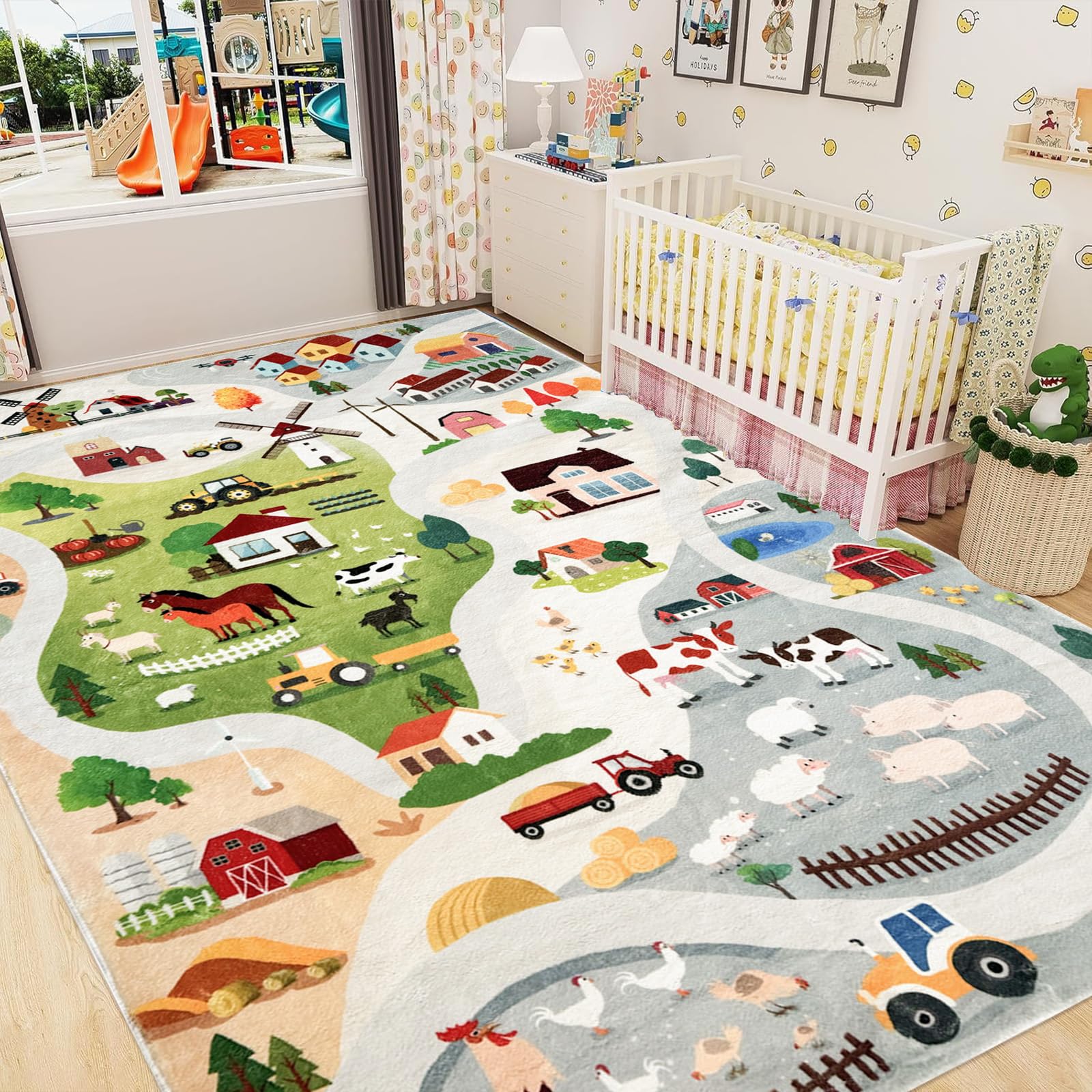 Lacomfy Kids Farm Rug Carpet 5x8Ft Farmhouse Animal Play Mat for Boys Girls Room, Track Road for Cars, Bedroom Living Room Playroom Classroom
